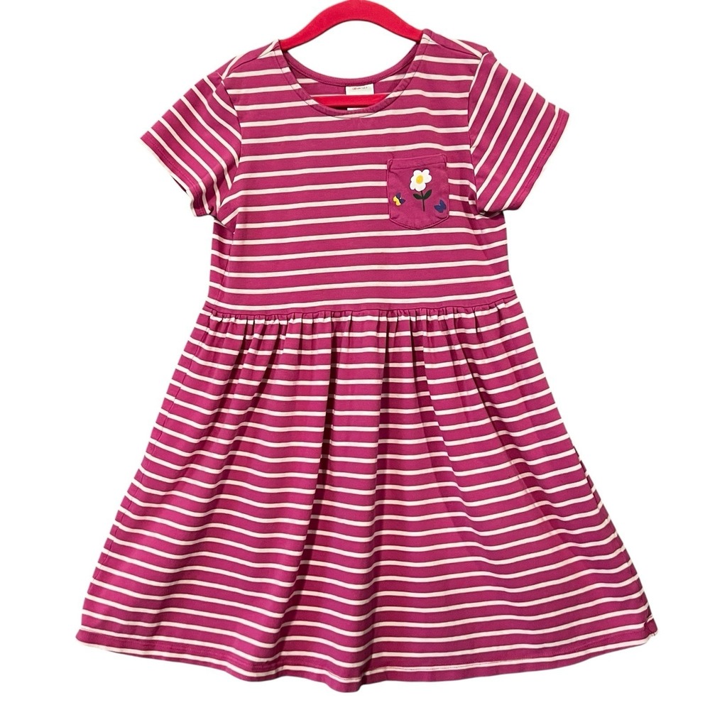 Hanna Anderson 130 (8) Girls Dress Short Sleeve Pink Stripe Flower Pocket